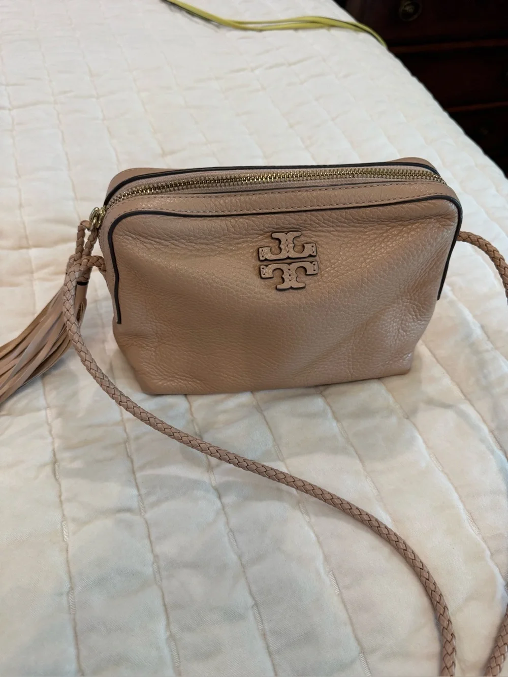 Tory Burch Blush Pebbled Leather Crossbody Camera Bag with Braided Strap